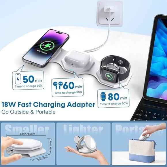 3 in 1 Wireless  iPhone Charger MagSafe Foldable 18W Fast Charging Station NOB - Picture 6 of 8